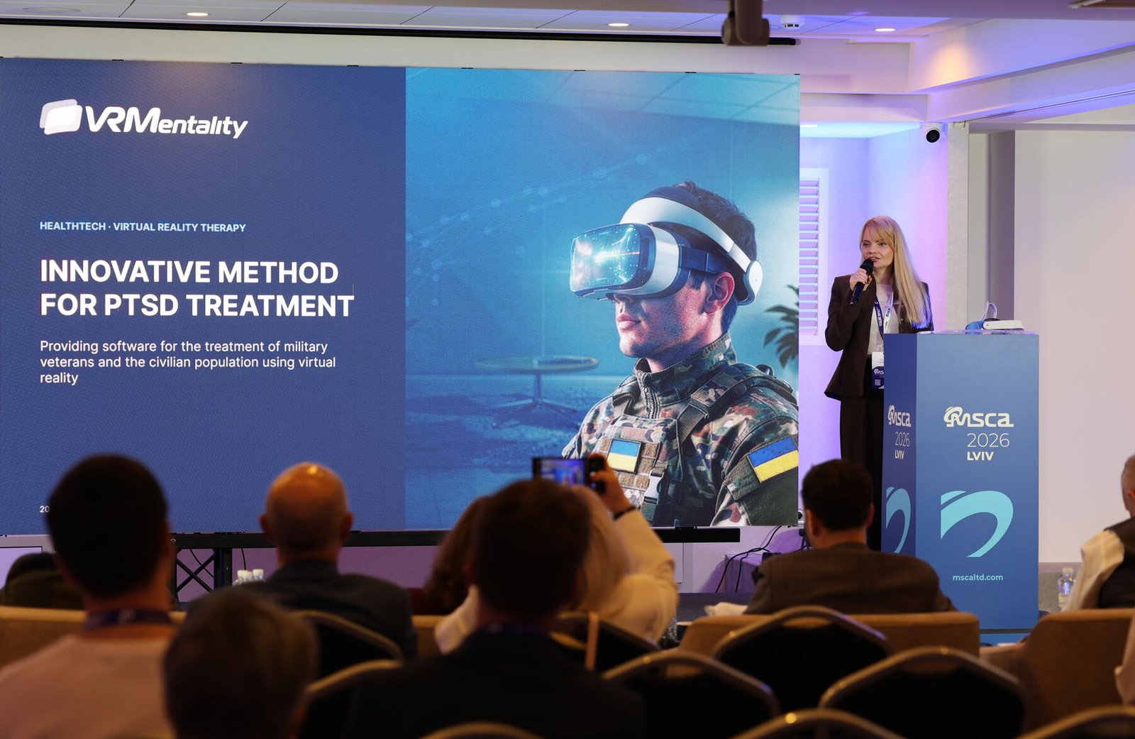 VR Mentality presentation slide about PTSD treatment with virtual reality